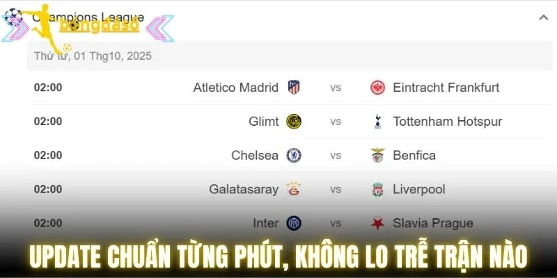 Update chuẩn từng phút, không lo trễ trận nào